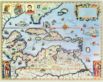 Theodor de Bry Caribbean and US state of Florida, antique map of Caribbean Digital Download old map vintage sign Ancient Instant Digital