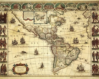 The new Map of America Digital Download, Willem Janszoon Blaeu 1600s, antique North America South America, old vintage sign Ancient Instant