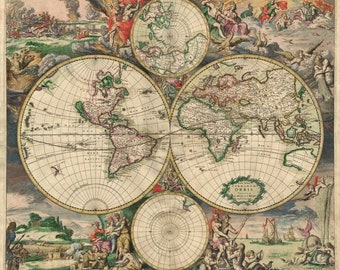 Antik världskarta 1689, Världskarta av Gerard van Schagen, Digital nedladdning antik karta gammal vintageskylt Forntida Omedelbar Digital