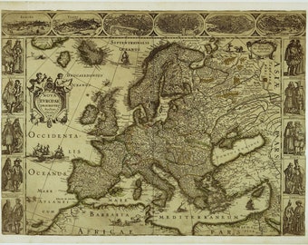Antique map of Europe 16th century, Map of the Europe 1500s, Digital Download antique map old vintage sign Ancient Instant Digital