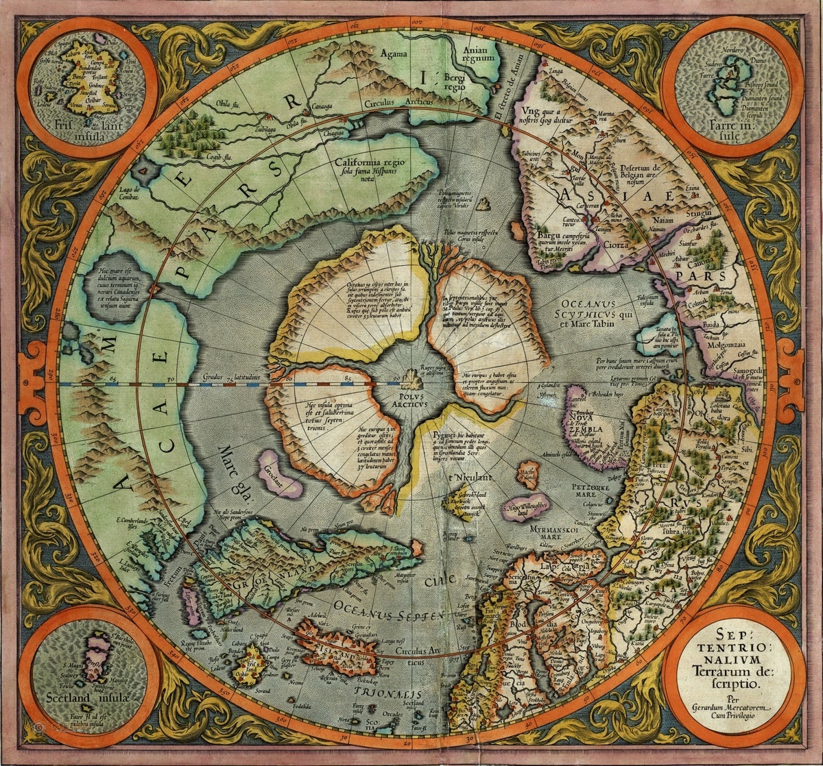 Mapa antigo de gerard mercator 1633 o pólo norte está no centro