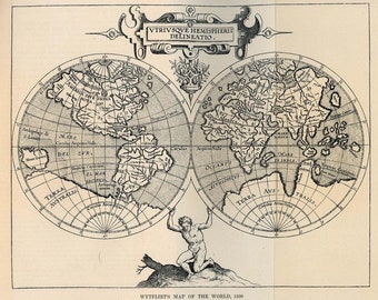 Antique world map Cornelis van Wytfliet, Map of the World 1598, Digital Download, antique map, old vintage sign Ancient Instant Digital