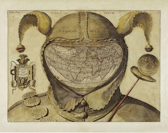 Antique world map placed on the head of a fool, Map of the World 1590, Digital Download antique map old vintage sign Ancient Instant Digital