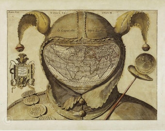 道化師と地図が描かれた謎めいたポスター、1590年の世界地図（道化師の