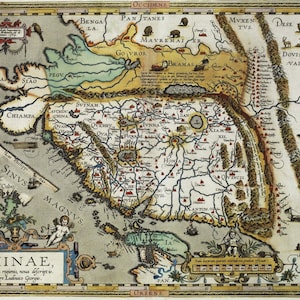Карта Китая Digital Download, Авраам Ортелиус 1570, Авраам Ортелиус Китай (север справа), 1584 древняя античная карта, старый винтажный знак