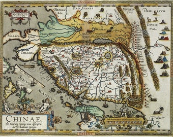 Карта Китая Digital Download, Авраам Ортелиус 1570, Авраам Ортелиус Китай (север справа), 1584 древняя античная карта, старый винтажный знак