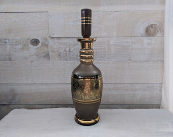 Vintage Bohemian Glass Brown and Gold Decanter with Rose pattern *flaw*