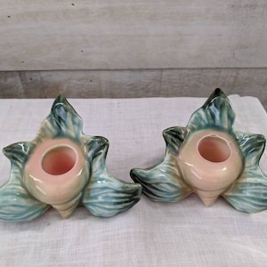 Vintage Hull Pottery Ebb Tide Candle Holders: Pink Sea Shell Set