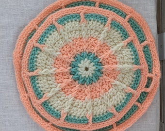 Set of 2 Crocheted Pot Holder / Trivets Mint Coral and Cream