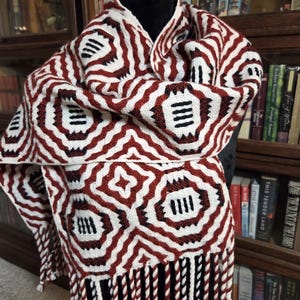Handwoven Wool Doubleweave Scarf: Rust, White & Black