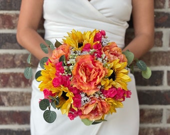 Sunflower Bridal Bouquet: Orange, Hot Pink, and Eucalyptus Wedding Flowers