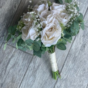Ivory Roses Bridal Bouquet: Eucalyptus & Baby&#39;s Breath Wedding Bouquet