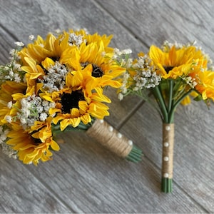 Sunflowers and baby's breath bouquet Twine handle and pearls Fall Wedding Spring Wedding Summer Wedding Rustic bride Country wedding image 4