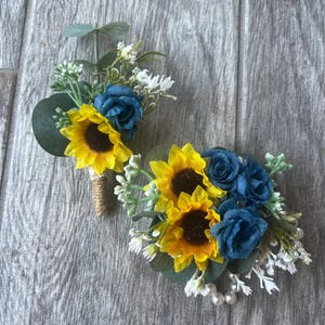 Dusty Blue and Sunflower Boutonniere, Wrist corsage, Dusty Blue Wedding, Sunflower wedding
