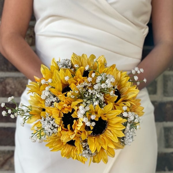 Ramo de girasoles y aliento de bebé Mango de cordel y perlas Boda de otoño Boda de primavera Boda de verano Novia rústica Boda campestre