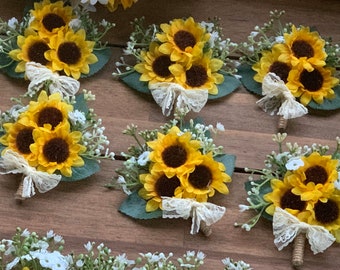 Pinned sunflower corsage Groom corsage Groom boutonniere Sunflower wedding Rustic theme wedding