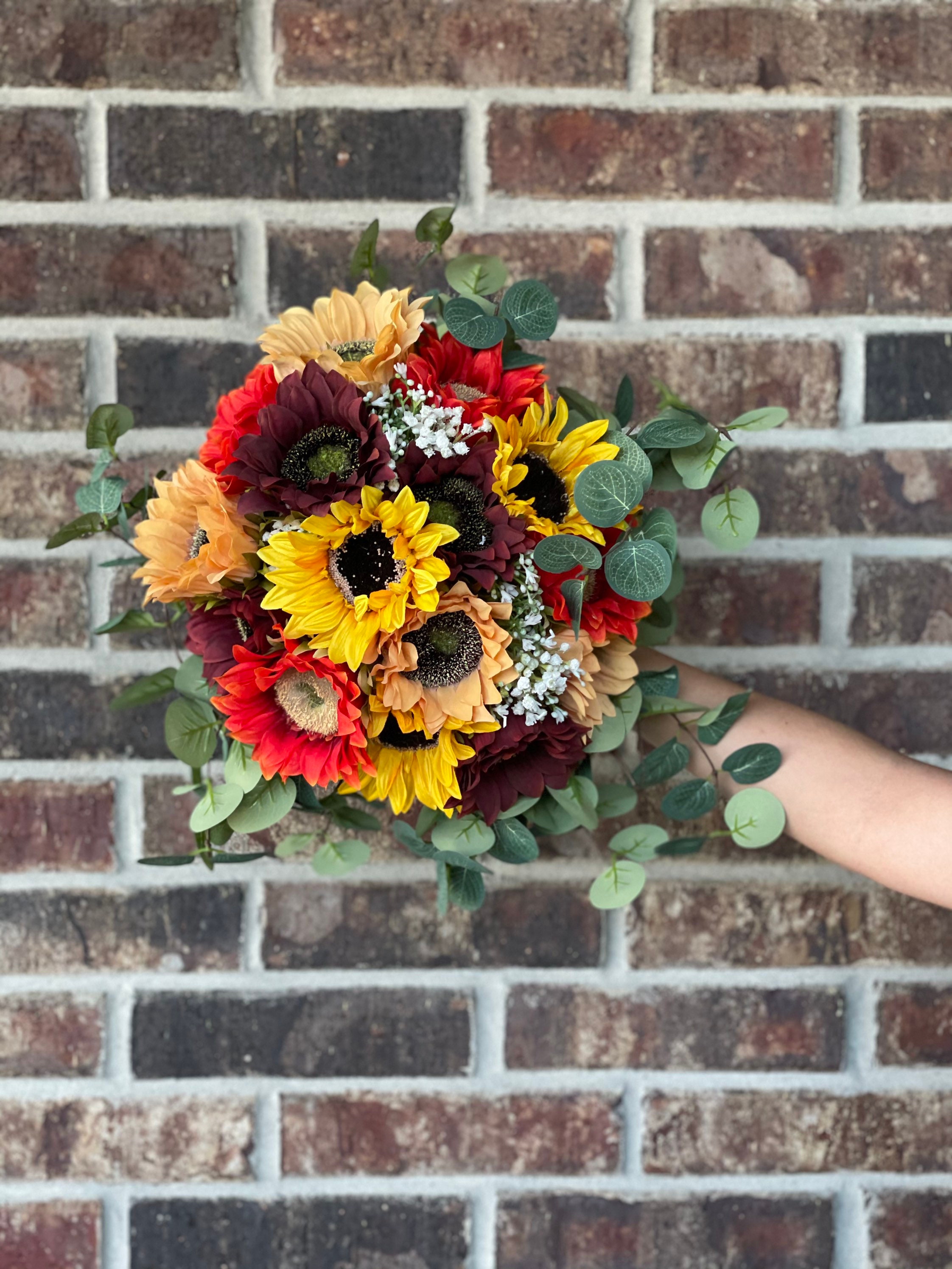 Burgundy Yellow and Orange sunflower bouquet Rustic wedding Etsy