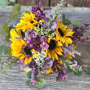 Purple Roses and Sunflower Bouquet, Purple Wedding, Purple and Yellow Bride Bouquets, Purple Sunflowers Bride Bouquet