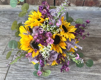 Purple roses and sunflower bouquet Purple wedding Purple sunflowers