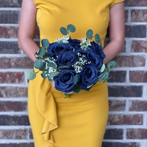 Navy Blue Rose Bridal Bouquet: Boho Wedding Eucalyptus & Baby&#39;s Breath