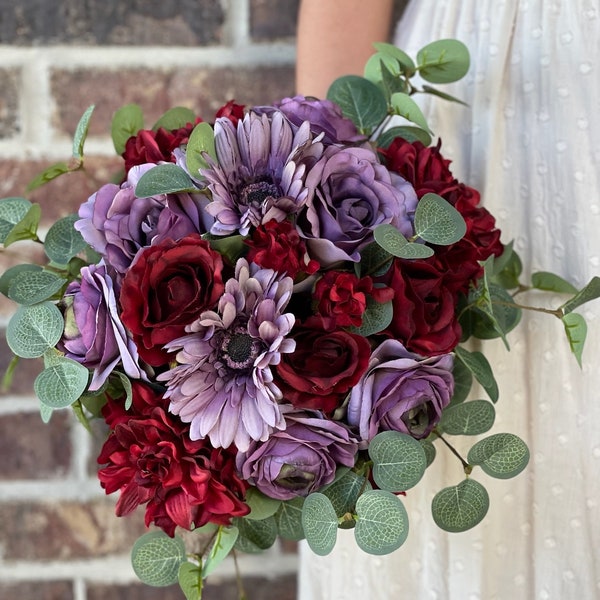 Burgundy and Purple Bride Bouquet Purple Ranunculus, Purple Roses Bouquet, Burgundy Dahlias Bouquet, Burgundy Roses Bouquet Burgundy Wedding