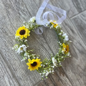 Flower Girl Sunflowers Headband, Wedding Headband, Sunflowers and Baby’s Breath Headband, Flower Girl Headband