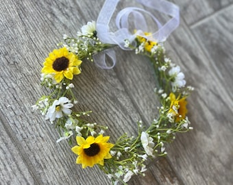 Sunflower Flower Girl Headband: Baby&#39;s Breath Wedding Hair Accessory
