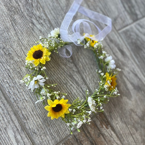 Flower girl sunflowers headband Wedding headband Sunflowers and baby’s breath headband Bride headband