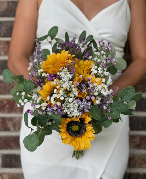 Lavender Sunflower Wedding Bouquet: Lilac Spray, Eucalyptus Greenery