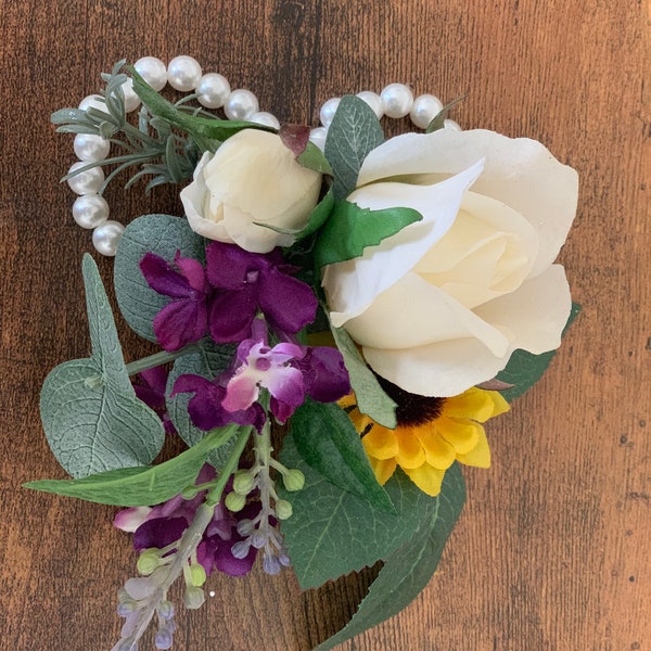 Shoulder and wrist Corsages Purple and Sunflower weddings Sunflower and lavender wrist and shoulder corsages