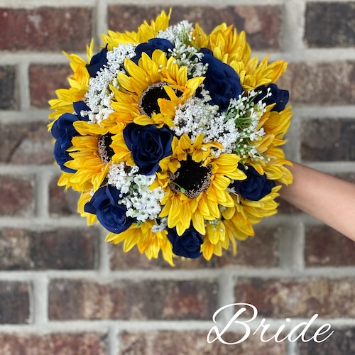 Sunflowers Blue Roses and Babys Breath Bouquet Twine Handle Etsy