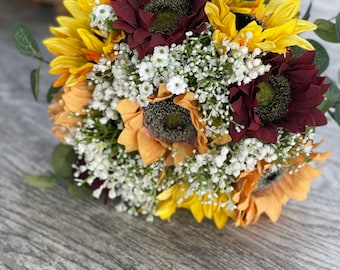 Burgundy Yellow and Orange sunflower bouquet Rustic wedding Sunflower bouquets