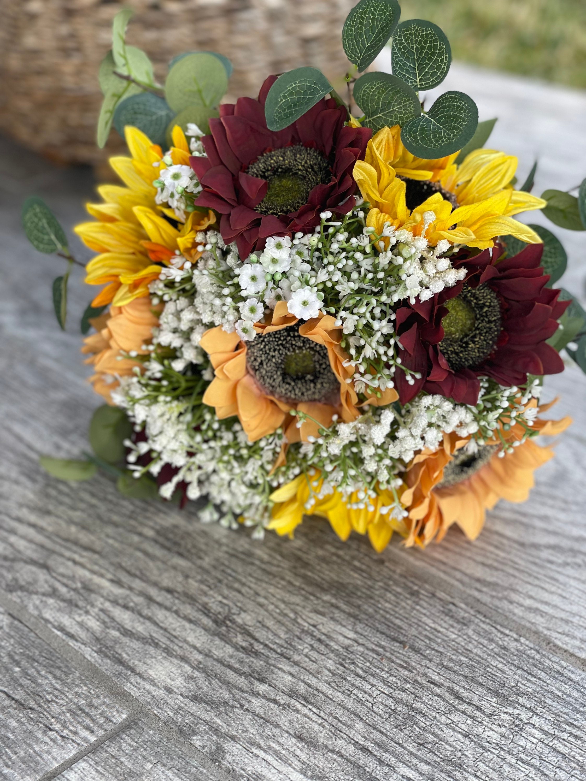 Burgundy Yellow and Orange Sunflower Bouquet Rustic Wedding Etsy
