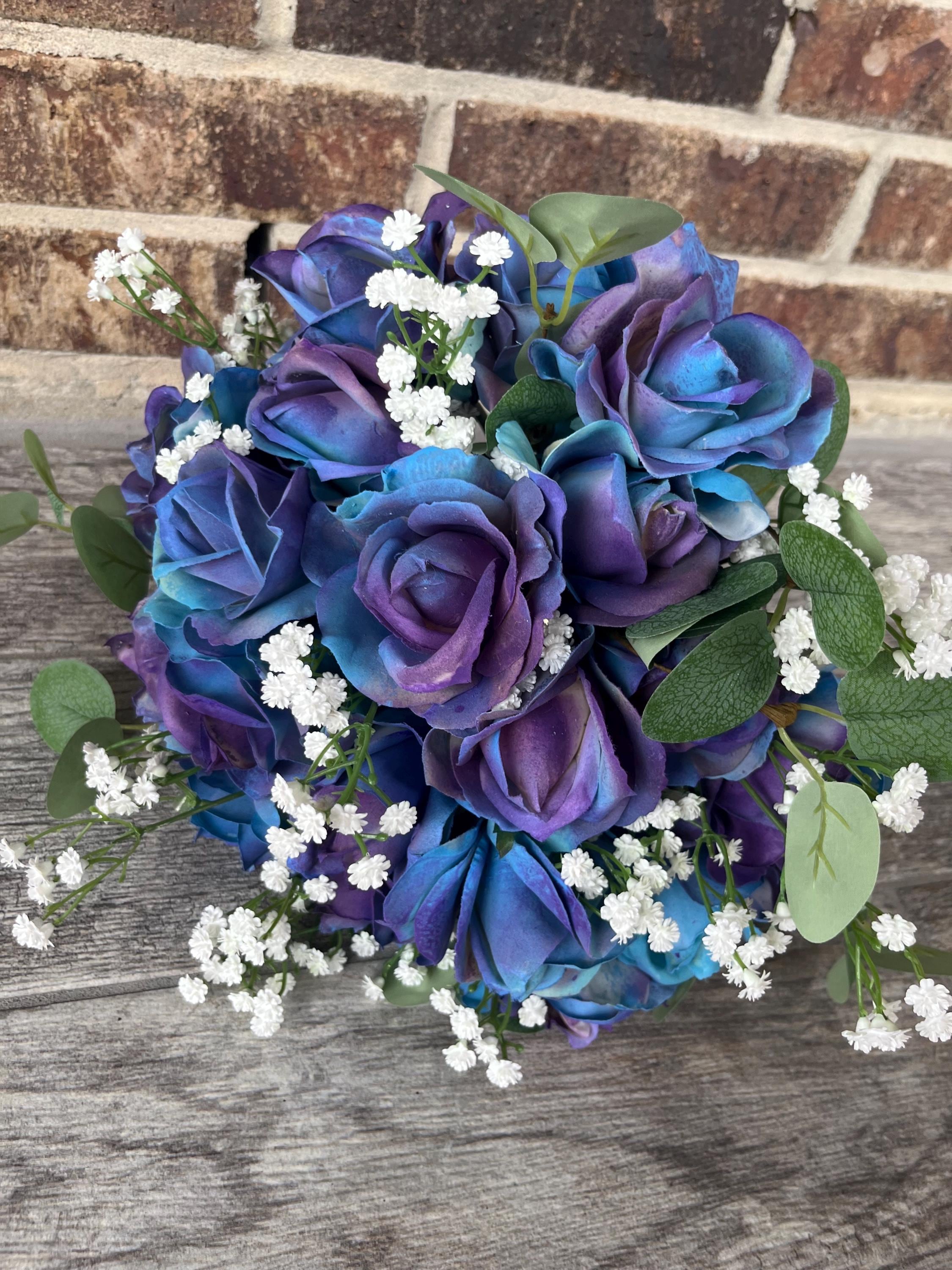 12 Rose Arcobaleno A Stelo Lungo Artificiali In Seta – Blu Reverse Color – Bouquet Fai Da Te Per Decorazioni - 2