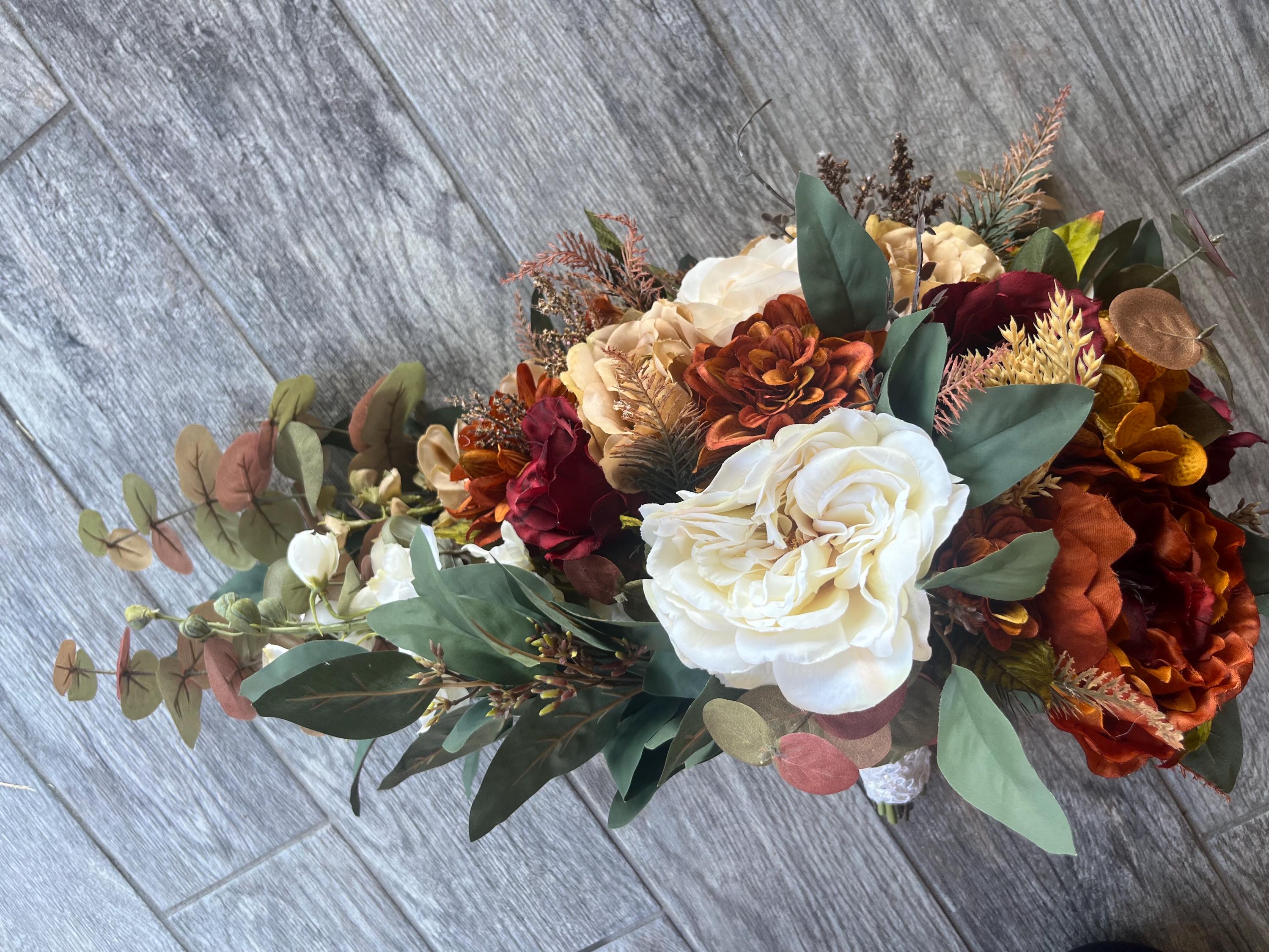 Cascading Burgundy, Brown and Rust, Ivory Roses Bouquet - Etsy