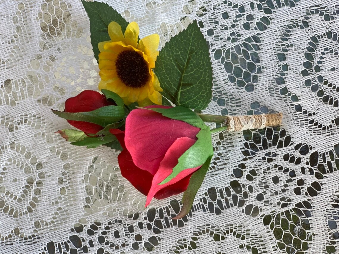 Sunflowers and Red Roses Boutonniere Groom Boutonniere Etsy