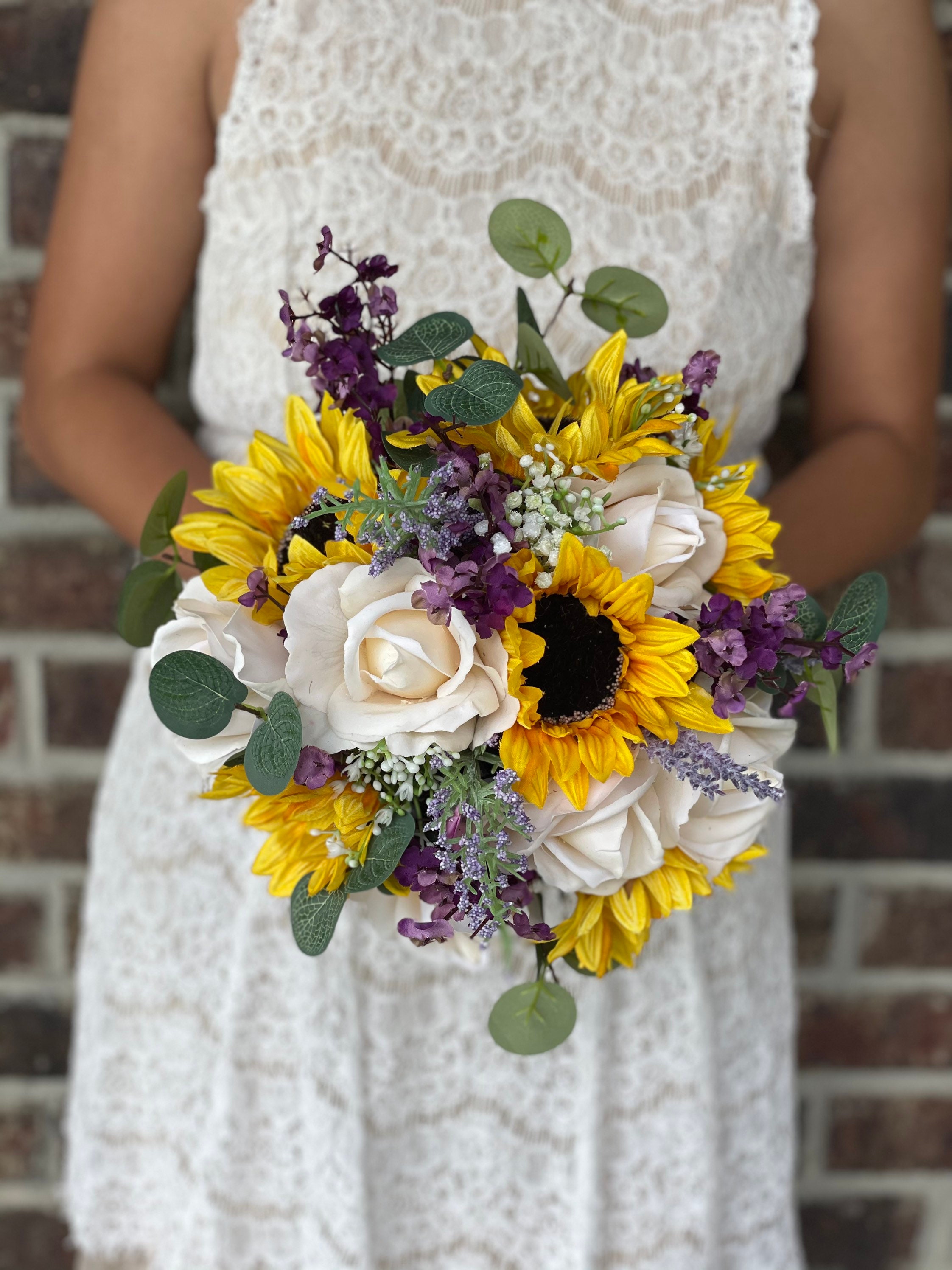 Wedding flowers bridal bouquets sunflowers purple bridal