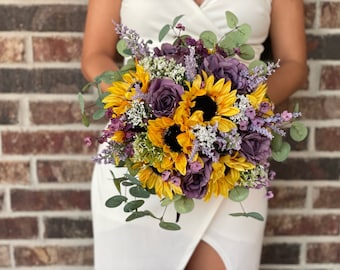 Purple roses and sunflower bouquet Purple wedding Purple sunflowers