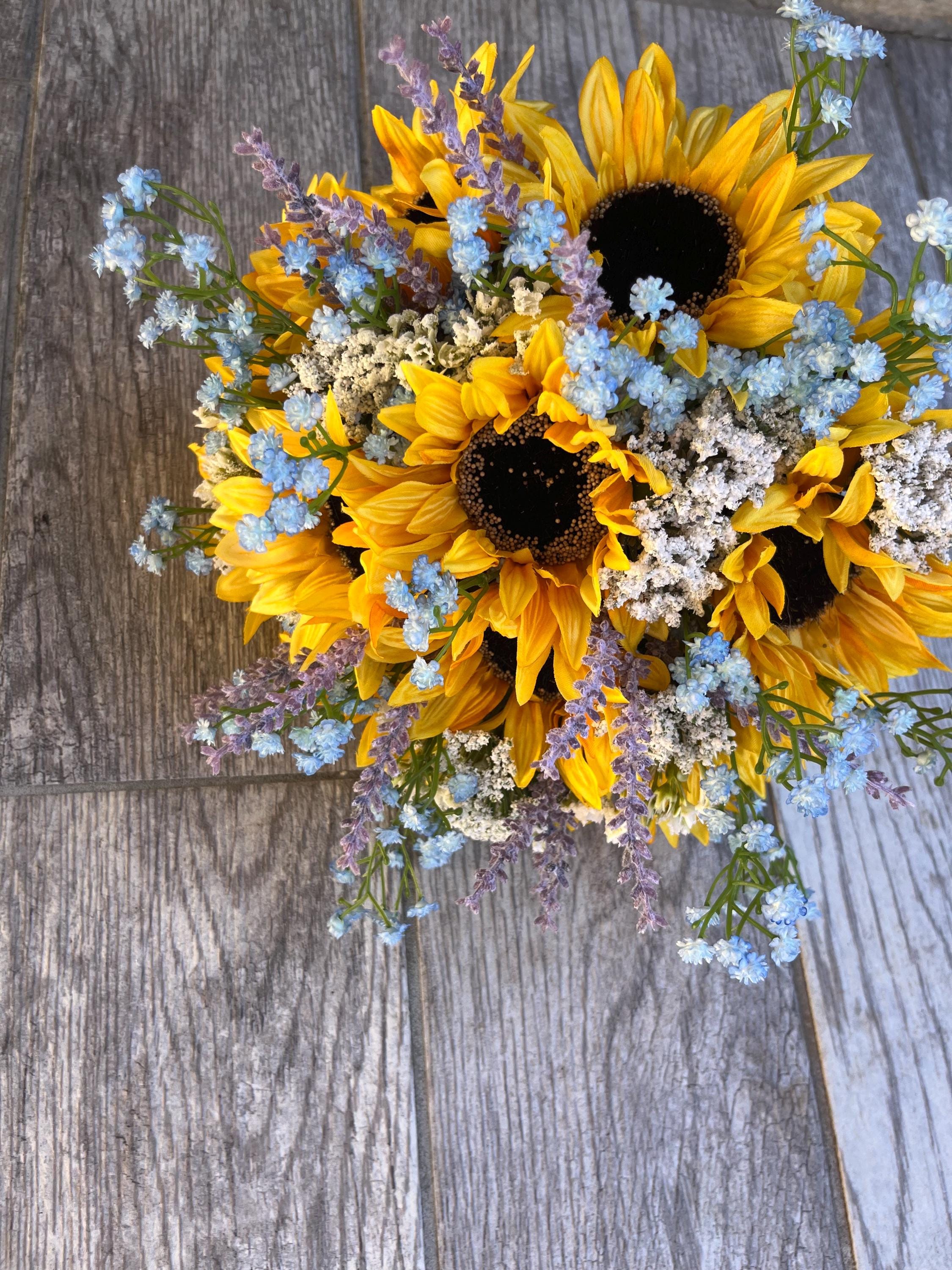 Blue Babys Breath, Lavender and Sunflower Bouquet, Blue and Lavender Sunflower Wedding, Sunflower Bride Bouquets, Purple and Blue Bouquets