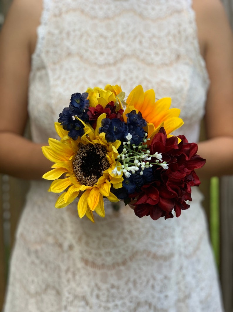 Flower Girl Bouquet Burgundy Dahlias Navy Blue Flowers Etsy