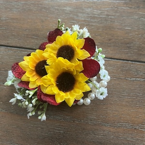 Burgundy and Sunflowers Wrist Corsage, Sunflower and Burgundy Wedding, Burgundy Corsage