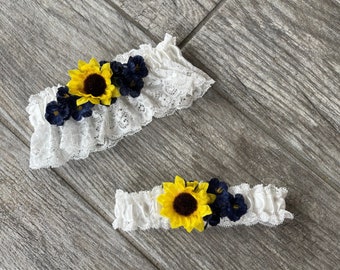Navy blue and sunflowers garters Keesake garter Toss garter Wedding accessories Bride garters Wedding garters