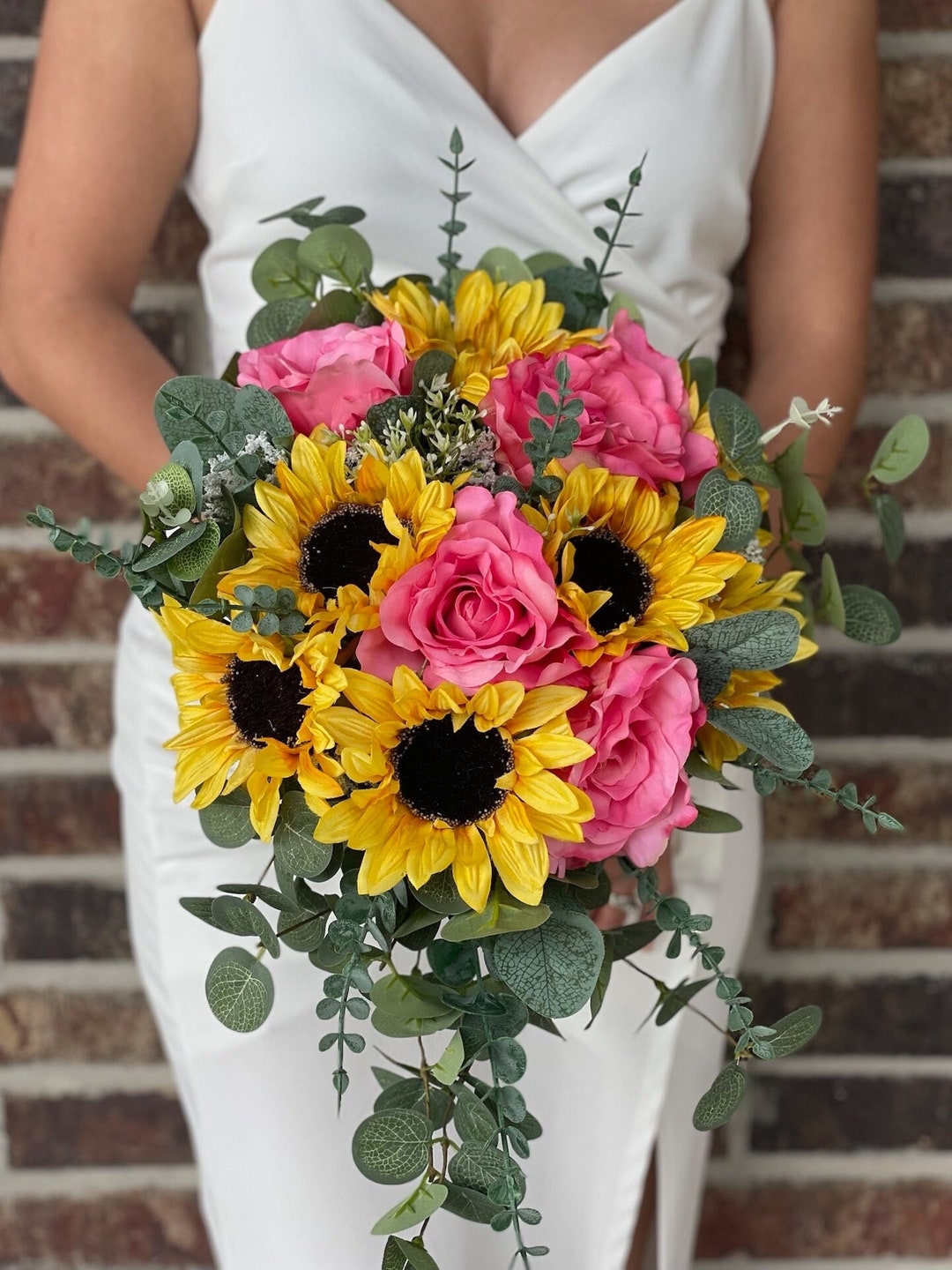 Coral Rose Sunflower Wedding Bouquet: Rustic Cascading Design