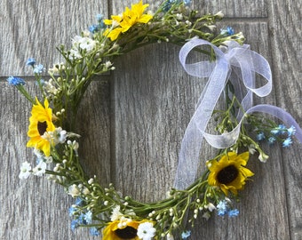 Sunflower Wedding Headband: Light Blue Baby&#39;s Breath Flower Crown