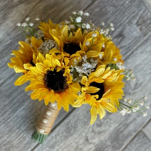 Sunflowers and baby's breath bouquet Twine handle and pearls Fall Wedding Spring Wedding Summer Wedding Rustic bride Country wedding image 7