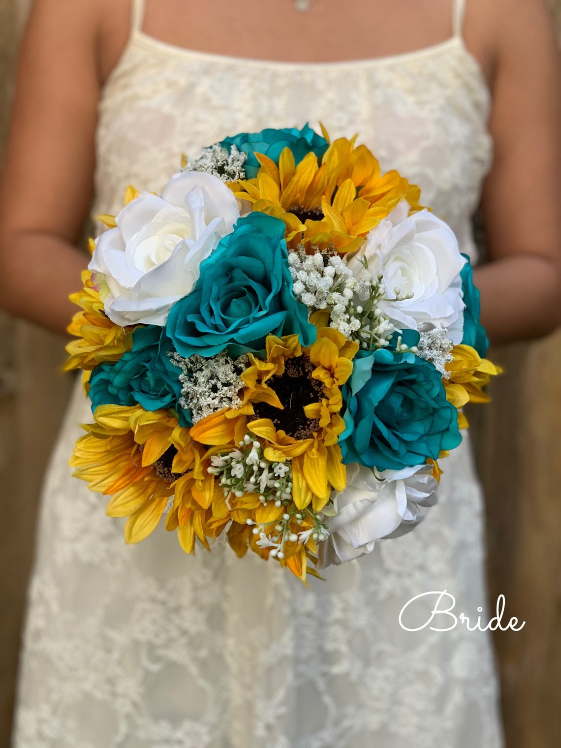 Turquoise and white roses Sunflowers bouquet Turquoise wedding image 1