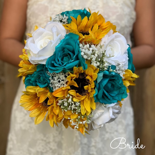 Turquoise and white roses Sunflowers bouquet Turquoise wedding Bride bouquet