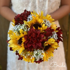 Burgundy dahlias and sunflowers bouquet Bride bouquet Burgundy bouquet Sunflowers bouquet Burgundy wedding