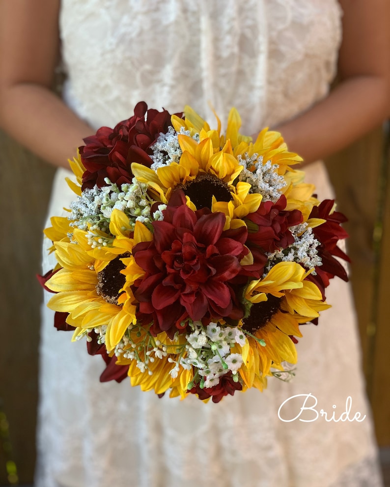 Burgundy dahlias and sunflowers bouquet Bride bouquet Burgundy image 0