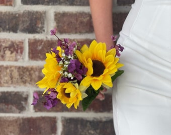 Flower Girl Sunflower and Purple Baby’s Breath Bouquet, Purple Flower Girl Bouquet, Sunflower Bouquet, Purple Wedding, Sunflower and Purple